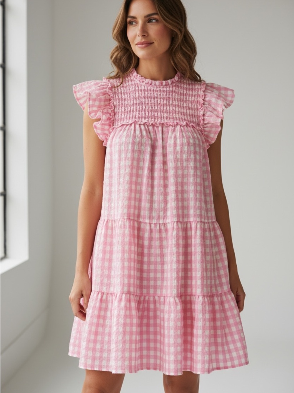 Crown & ivy Pink Gingham Smocked Flutter Sleeve Dress